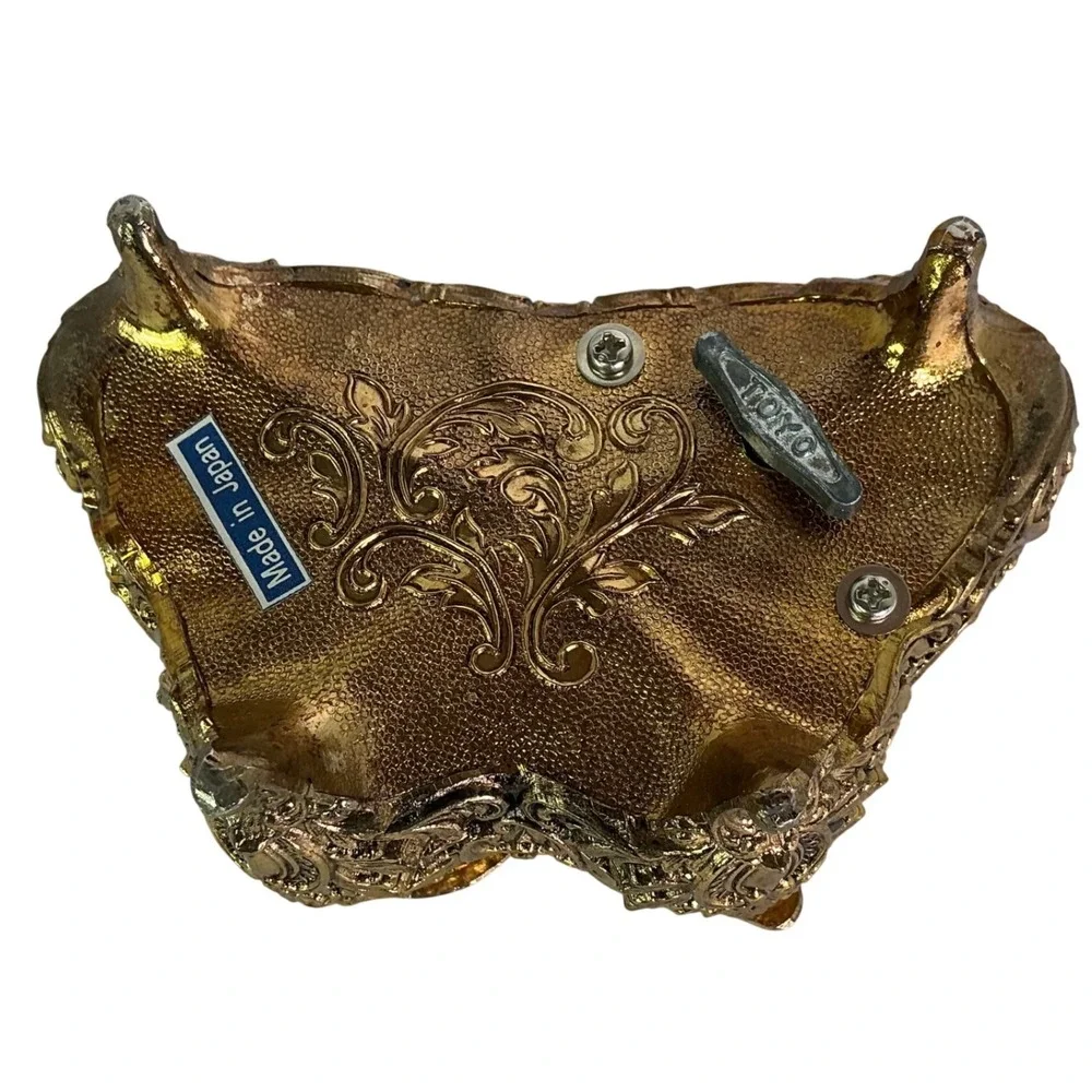 Vintage Japan Butterfly Music‎ Box Gold Filigree Red Velvet Jewelry Trinket